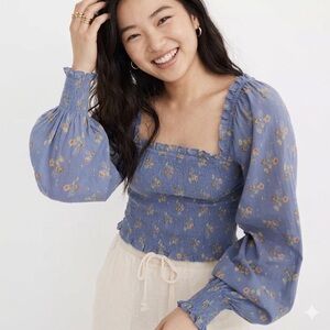 aerie Blue Floral Smocked Square-Neck Tank